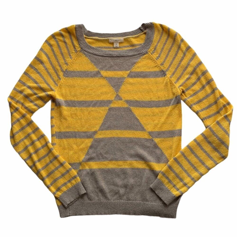 CALSON Yellow and Gray Striped Long Sleeve Knit Sweater Medium